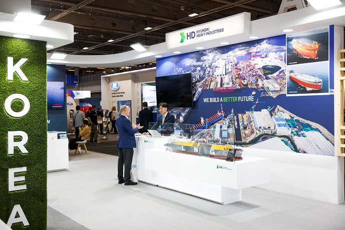 This photo provided by HD Korea Shipbuilding & Offshore Engineering Co. on June 8, 2023, shows its booth during the Nor-shipping 2023 global maritime and shipping exhibition that opened on June 6 for a four-day run.