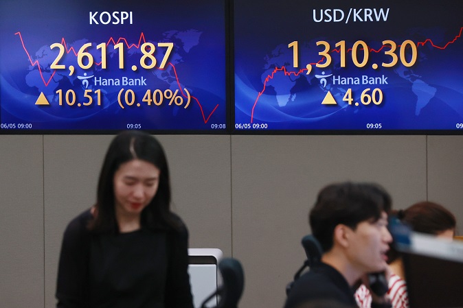 A screen in the dealing room of Hana Bank in Seoul shows the benchmark Korea Composite Stock Price Index on June 5, 2023. (Yonhap)