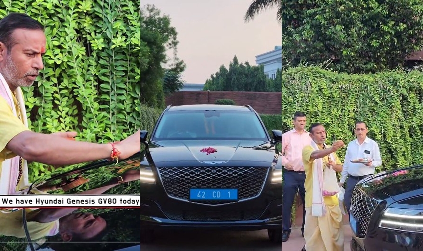 This composite image from a video published by the South Korean Embassy in India shows a Hindu priest conducting a traditional puja ritual for a new diplomatic vehicle from Hyundai Motor Co. for Seoul's ambassador in New Delhi. (Yonhap)