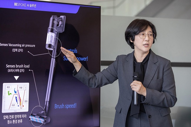 Yoo Mi-young, head of the software development team of Samsung's digital appliances division, speaks at a media briefing in Berlin on Sept. 2, 2023, in this photo provided by the company.