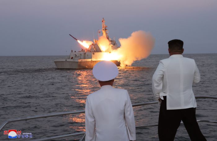 This photo, captured from North Korea's Central TV on Aug. 21, 2023, shows North Korea conducting a test launch attended by leader Kim Jong-un during his visit to a naval unit. (For Use Only in the Republic of Korea. No Redistribution) (Yonhap)