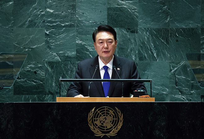 This file photo, taken Sept. 20, 2023, shows President Yoon Suk Yeol making a speech at the U.N. General Assembly in New York. (Image courtesy of Yonhap News)