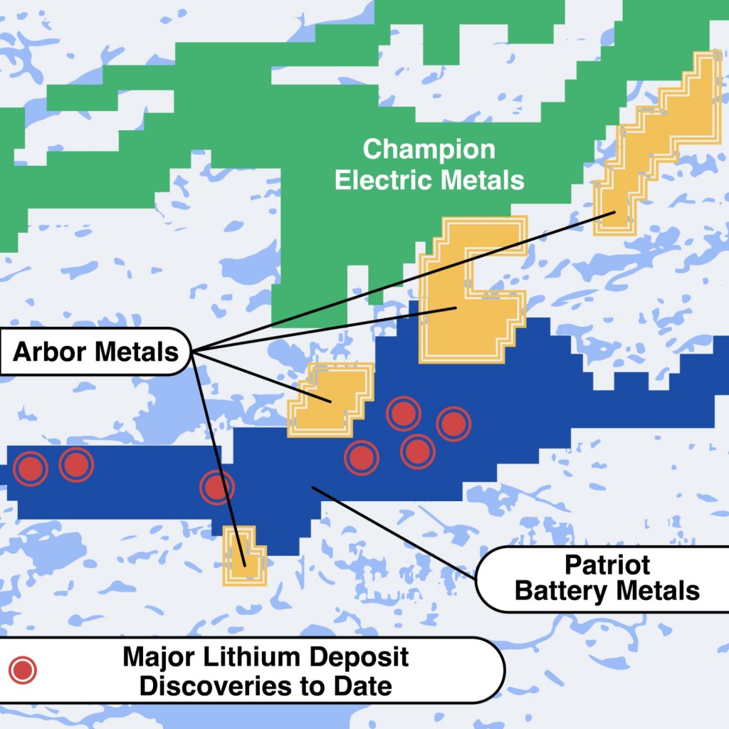 Map of Arbor Metal Corp.'s Jarnet Lithium Claims: Arbor's Jarnet Lithium Mine is located in the James Bay region of Quebec and is comprised of 47 map-designated claims that cover an approximate area of 3,759 hectares. 
