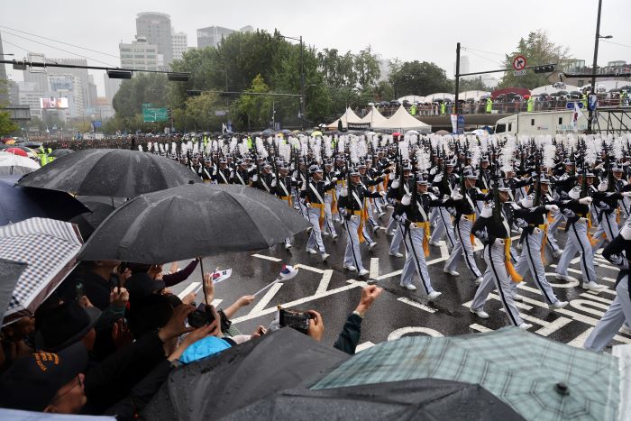 Military academy cadets take part in a military parade in central Seoul on Sept. 26, 2023, to mark the 75th founding anniversary of South Korea's armed forces this year. 
