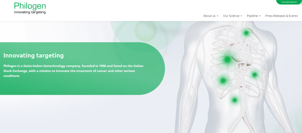 Philogen (https://www.philogen.com) is an Italian-Swiss biotechnology company specialized in the research and development of innovative pharmaceuticals for the treatment of cancer. (Image from the company webpage)