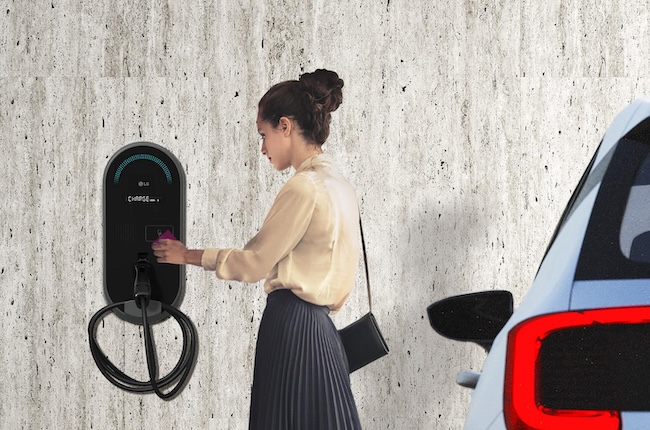 This photo provided by LG Electronics Co. shows the company's 11 kilowatt wall-mounted slow charger to be released in the United States in the first half of 2024. (Image courtesy of Yonhap)