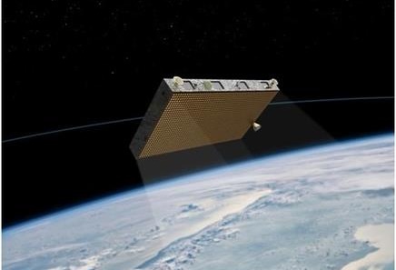 This image provided by Hanwha Systems on Nov. 22, 2023, shows a rendering of the company's synthetic aperture radar satellite planned to be launched later this year. (Image courtesy of Yonhap)