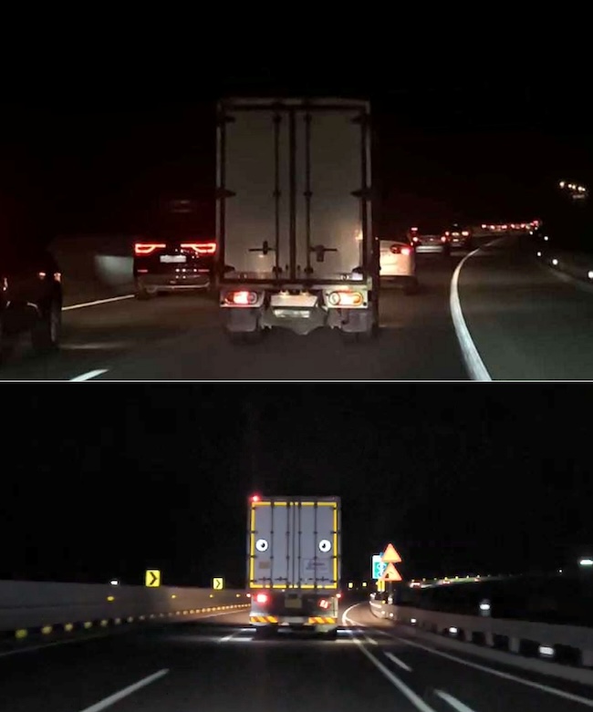 Before and after applying the reflective tape (Image courtesy of the Gangwon branch of the Korea Expressway Corporation)