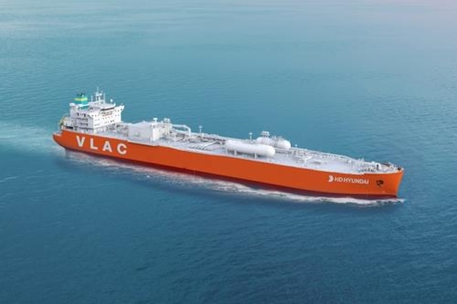 This image provided by HD Korea Shipbuilding & Offshore Engineering Co. on Dec. 1, 2023, shows an artist's rendition of a very large ammonia carrier. (Image courtesy of Yonhap) 