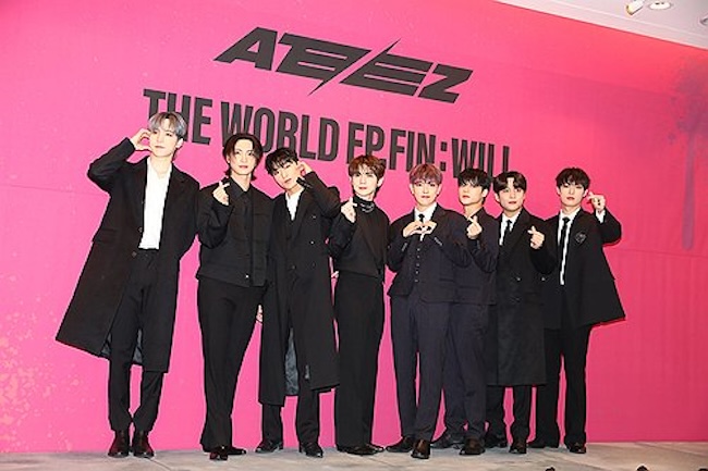 K-pop boy group Ateez poses for a photo during a press conference to promote its second studio album, "The World Ep. Fin: Will," in this Dec. 1, 2023, file photo provided by KQ Entertainment. (Image courtesy of Yonhap)
