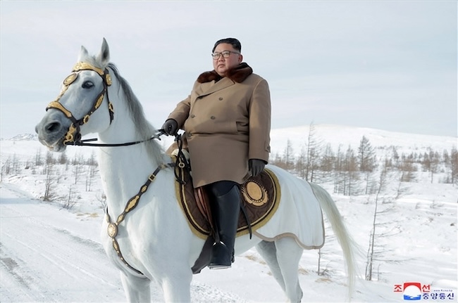 This file photo, carried by North Korea's official Korean Central News Agency on Dec. 4, 2019, shows the North's leader Kim Jog-un riding on a horse to climb up Mount Paektu, the highest peak on the Korean Peninsula. (Image courtesy of Yonhap)