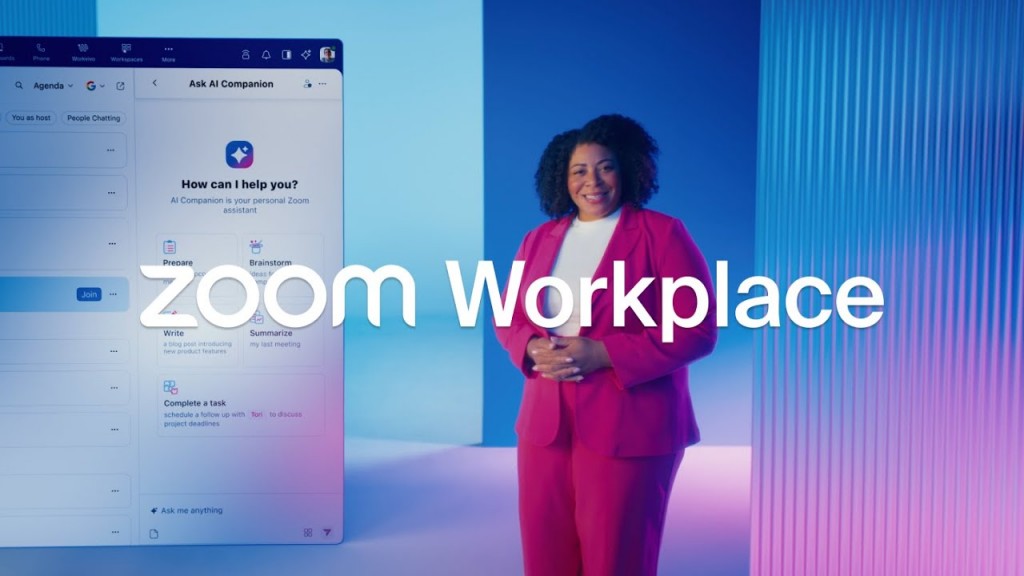 Zoom Workplace, powered by Zoom AI Companion, includes collaboration solutions like meetings, team chat, phone, scheduler, whiteboard, spaces, Workvivo, and more. (Image from Zoom Youtube channel)