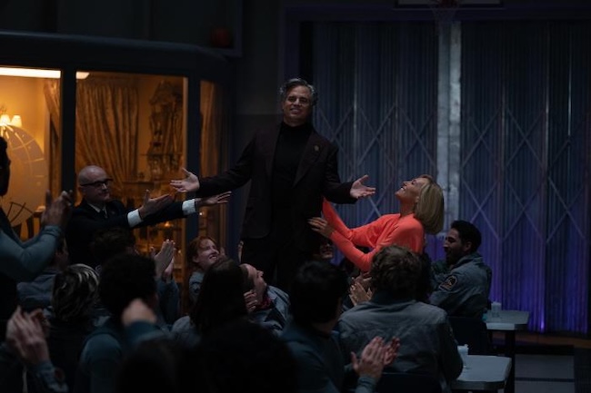 This still from "Mickey 17," provided by Warner Bros. Korea, shows Kenneth Marshall (C) and his wife, Ylfa. (Image courtesy of Yonhap)