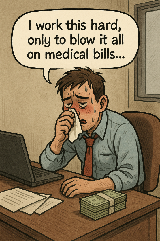 "All this hard-earned money… and I’ll just end up spending it on hospital bills." This kind of lament is likely what most office workers who have to push through illness are thinking. (Image supported by ChatGPT)