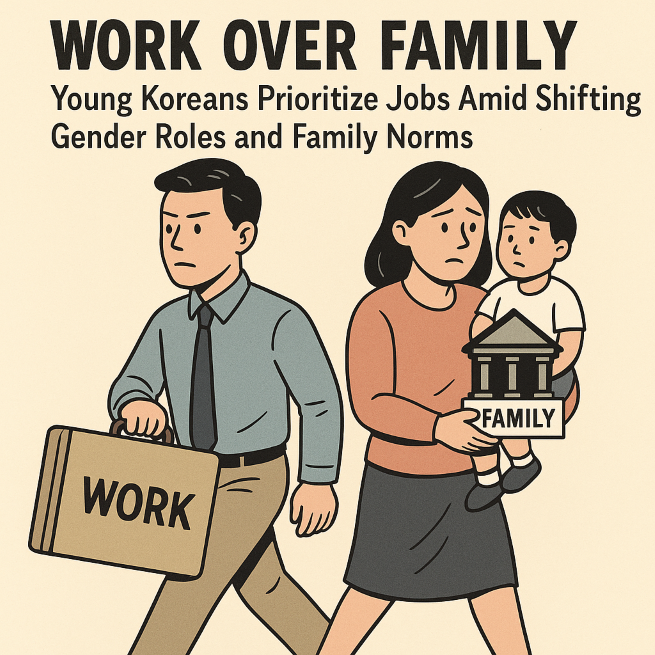 As economic pressure mounts, family and leisure fall behind in importance for South Korea’s working-age adults. (Image generated by ChatGPT)