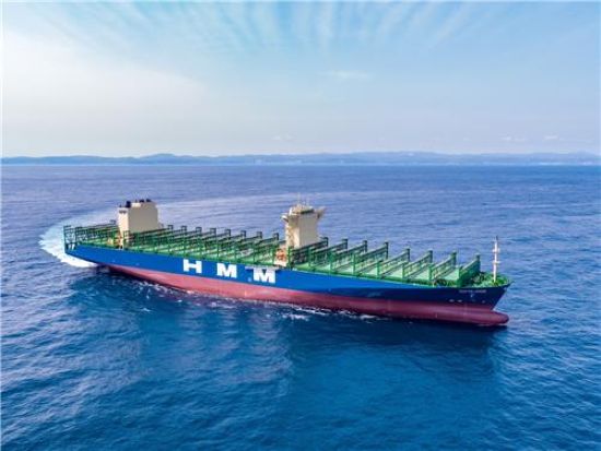 This file photo provided by HD Korea Shipbuilding & Offshore Engineering Co. shows a 13,000 TEU container ship undergoing a test operation ahead of its delivery in 2024.(Yonhap)
