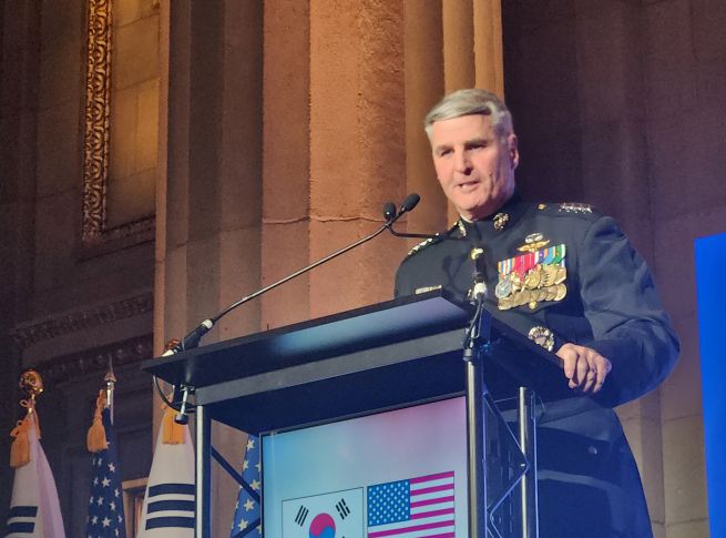 Vice Chairman of the Joint Chiefs of Staff Gen. Christopher Mahoney speaks during an event celebrating the Korean National Day and Armed Forces Day in Washington on Nov. 14, 2025. (Yonhap)