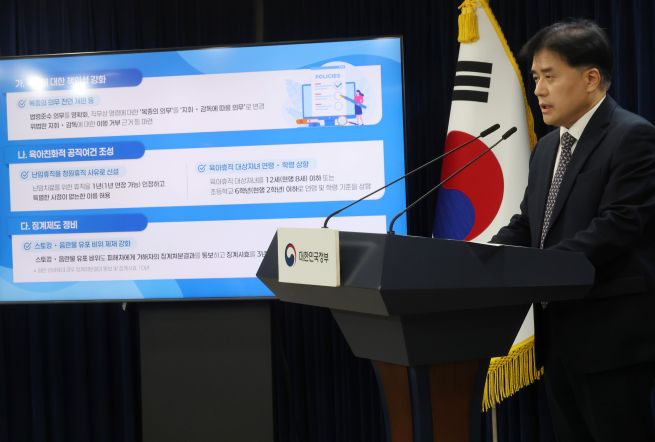 Park Yong-su, deputy minister of the Ministry of Personnel Management, briefs reporters on November 25 at the Government Complex Seoul about the proposed amendments to the National Public Officials Act. The revisions include abolishing the duty of obedience for civil servants, raising the age limit for children eligible for parental leave, and creating a new leave category for infertility treatment. (Yonhap)
