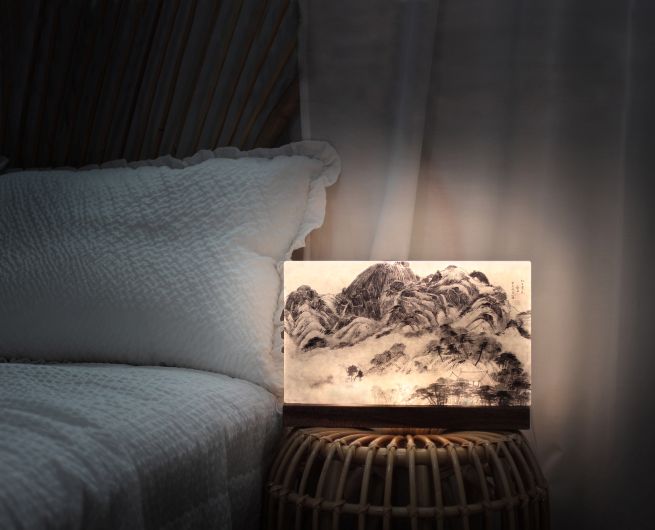 A Hanji paper lighting cultural product inspired by Clearing After Rain on Mount Inwang.
