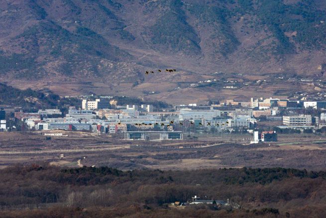 This file photo shows the Demilitarized Zone and the Kaesong Industrial Complex in the namesake North Korean border city, seen from the border city of Paju in South Korea on Nov. 18, 2025. (Yonhap)