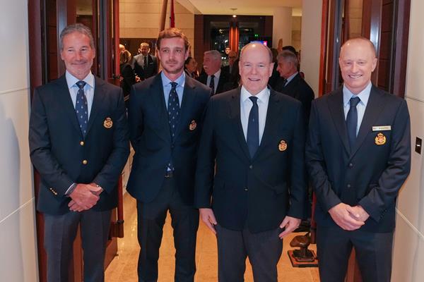 Paul Cayard, Pierre Casiraghi, Prince Alberto II of Monaco, and James Spithill at the Yacht Club de Monaco Awards on December 16, 2025 in Monaco. (Gian Mattia D'Alberto/Lapresse)