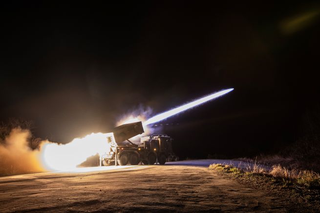 The multiple launch rocket system Chunmoo fires toward the sea off Goseong, Gangwon Province, northeastern South Korea, as the Army's 3rd Artillery Brigade conducts a two-day nighttime live-fire drill from April 16, 2025, in this undated file photo released by the Army. (Yonhap)