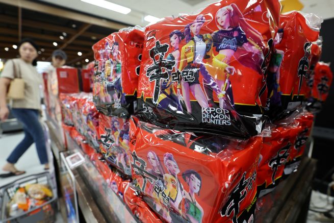 A limited-edition Shin Ramyeon featuring the Huntrix character from “K-Pop Demon Hunters” on the product packaging. (Image courtesy of Nongshim)