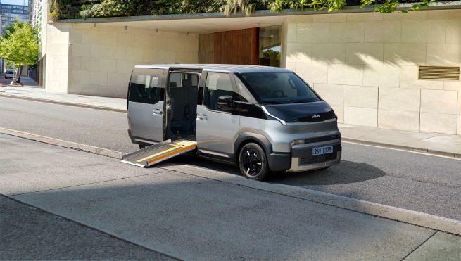 Kia said it will begin taking orders on Jan. 28 for the Kia PV5 WAV, designed specifically for wheelchair users; the Kia PV5 Open Bed, a compact commercial model optimized for logistics efficiency; and the Kia PV5 Passenger Donor Model, tailored for vehicle conversions. The photo shows the Kia PV5 WAV. (Photo courtesy of Hyundai Motor–Kia)